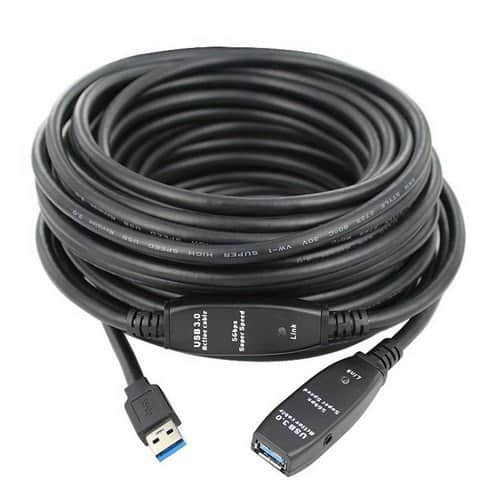 כבל מאריך אקטיבי USB3.0 זכר - נקבה מוגבר, 15 מטר + שקע DC