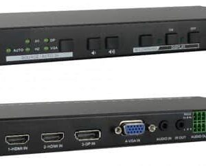 קופסת מיתוג אוטומטית מקצועית לחדר ישיבות עם כניסות 2xHDMI + VGA + DP ויציאת HDMI, עם SCALER ל-4K