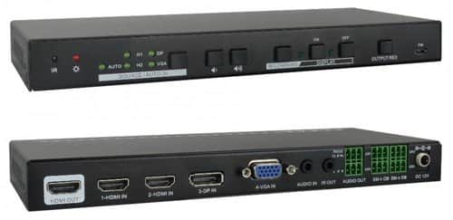 קופסת מיתוג אוטומטית מקצועית לחדר ישיבות עם כניסות 2xHDMI + VGA + DP ויציאת HDMI, עם SCALER ל-4K