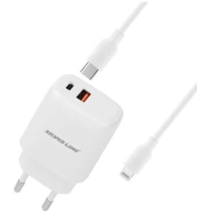 מטען קיר מהיר PD20W + QC3.0 18W בצבע לבן SILVER LINE