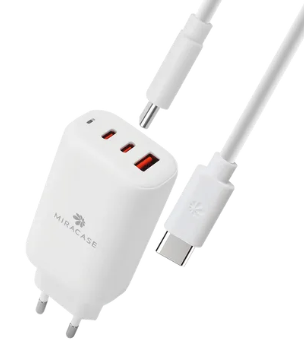 מטען קיר מהיר MIRACASE USB-A + 2 x PD Type-C 65W - צבע לבן